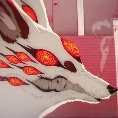 fox-devil, anthro, female, fox, solo, white fur, white ears, red ears, white inner ear fluff, first person view, smoke, side view, black nose, black lips, fangs, red rinnegan, multi eye, digital media (artwork), chainsaw man, headshot portrait, <lora:fox-devil_chainsawman:1.0>
