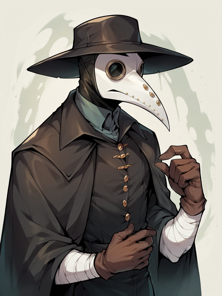 score_9, score_8_up, score_7_up, score_6_up, score_5_up,   <lora:PlagueDoctorXLP:1> plague doctor, mask, hat, solo, gloves, 1boy