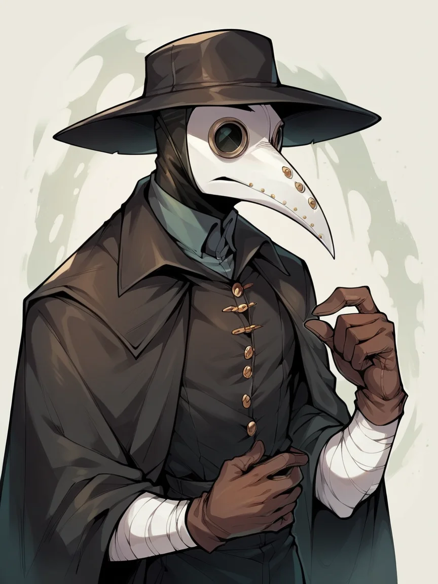 score_9, score_8_up, score_7_up, score_6_up, score_5_up, <lora:PlagueDoctorXLP:1> plague doctor, mask, hat, solo, gloves, 1boy