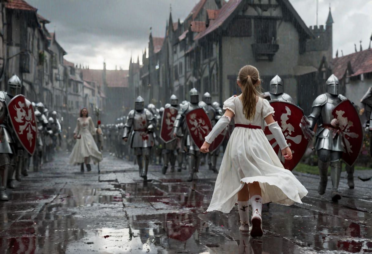 1 young female child with an army of knights.
((the female child is happy in clean white dress) runs with a white flower in her right hand towards background (facing away) from camera. back turned. white flower)
((The Army of Knights is covered with blood and wounds), marching from right to left in background. Intense Violence/Gore. Side view)
(Masterpiece, DonMSt34mPXL, Realistic Lightning, Cinematic Lightning, Dark Lightning, Rain, Puddle, Clouded Sky, medieval, fantasy, pedestrians, Cape, Reflection, 1girl, army)