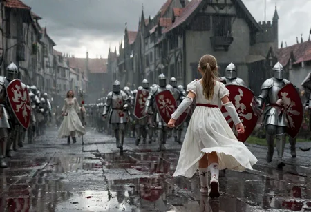 1 young female child with an army of knights.
((the female child is happy in clean white dress) runs with a white flower in her right hand towards background (facing away) from camera. back turned. white flower)
((The Army of Knights is covered with blood and wounds), marching from right to left in background. Intense Violence/Gore. Side view)
(Masterpiece, DonMSt34mPXL, Realistic Lightning, Cinematic Lightning, Dark Lightning, Rain, Puddle, Clouded Sky, medieval, fantasy, pedestrians, Cape, Reflection, 1girl, army)