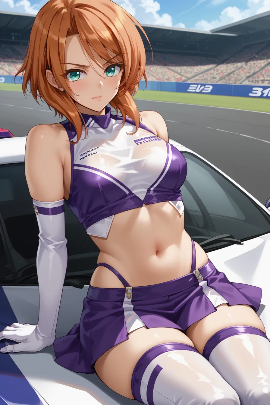 score_9, score_8_up, score_7_up, source anime,1girl,solo <lora:Asahi_Nishizaki:1>Asahi,orange hair,side bangs,short hair,teal eyes,race queen, gloves, purple cleavage,purple skirt, navel, white gloves, elbow gloves, highleg, blush, audience,exibition,indoor, on car, motor vehicle, sports car,looking at viewer,sitting on car ,dynamic pose,lewd pose