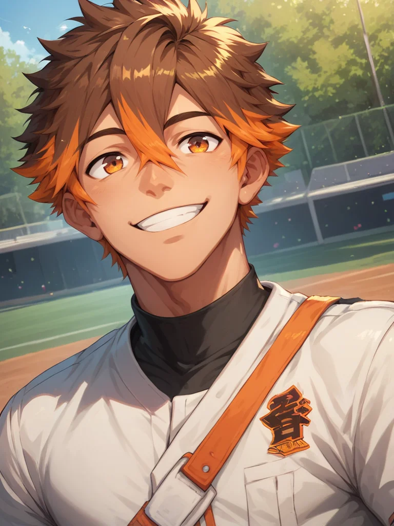 score_9,score_8_up, ad-caio,brown hair,orange eyes, orange hair, two-tone hair,hair between eyes,male focus,<lora:AIDudes-CaioMerge5:0.8>,<lora:xl_more_art-full_v1:0.5>,<lora:add-detail-xl:1>,baseball uniform, outdoors,smile,portraitâââ