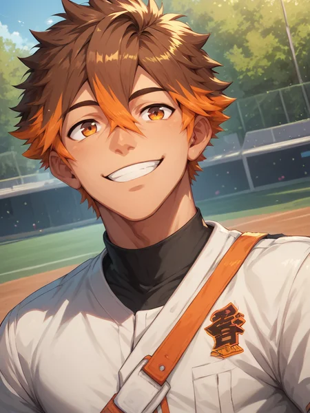 score_9,score_8_up, ad-caio,brown hair,orange eyes, orange hair, two-tone hair,hair between eyes,male focus,<lora:AIDudes-CaioMerge5:0.8>,<lora:xl_more_art-full_v1:0.5>,<lora:add-detail-xl:1>,baseball uniform, outdoors,smile,portraitâââ