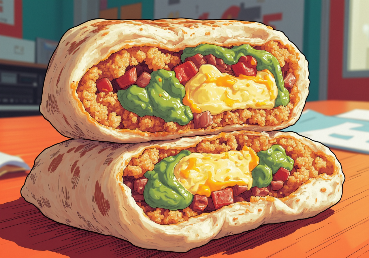 ff-comic, an open breakfast crunchwrap with cross section of layered ingredients, fillings of crispy hash brown and pieces of bacon and green guacomole and fluffy scrambled eggs with melted cheddar cheese inside a folded grilled toasted tortilla depicted in a graphic novel comic book art style with vibrant colors and bold clean lines, on a table inside a taco bell<lora:Taco_Bell_Breakfast_Crunchwrap.safetensors:1.0:1.0> <lora:Comicbook_Flux-000013.safetensors:1:1>