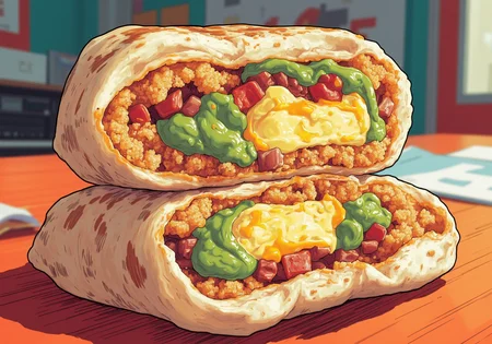 ff-comic, an open breakfast crunchwrap with cross section of layered ingredients, fillings of crispy hash brown and pieces of bacon and green guacomole and fluffy scrambled eggs with melted cheddar cheese inside a folded grilled toasted tortilla depicted in a graphic novel comic book art style with vibrant colors and bold clean lines, on a table inside a taco bell<lora:Taco_Bell_Breakfast_Crunchwrap.safetensors:1.0:1.0> <lora:Comicbook_Flux-000013.safetensors:1:1>