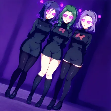 Hypnotized girls, full body, Dutch angle, hypnosis, mind control, spiral eyes, swirly eyes, @_@, corruption, easynegative, glowing eyes, mind control