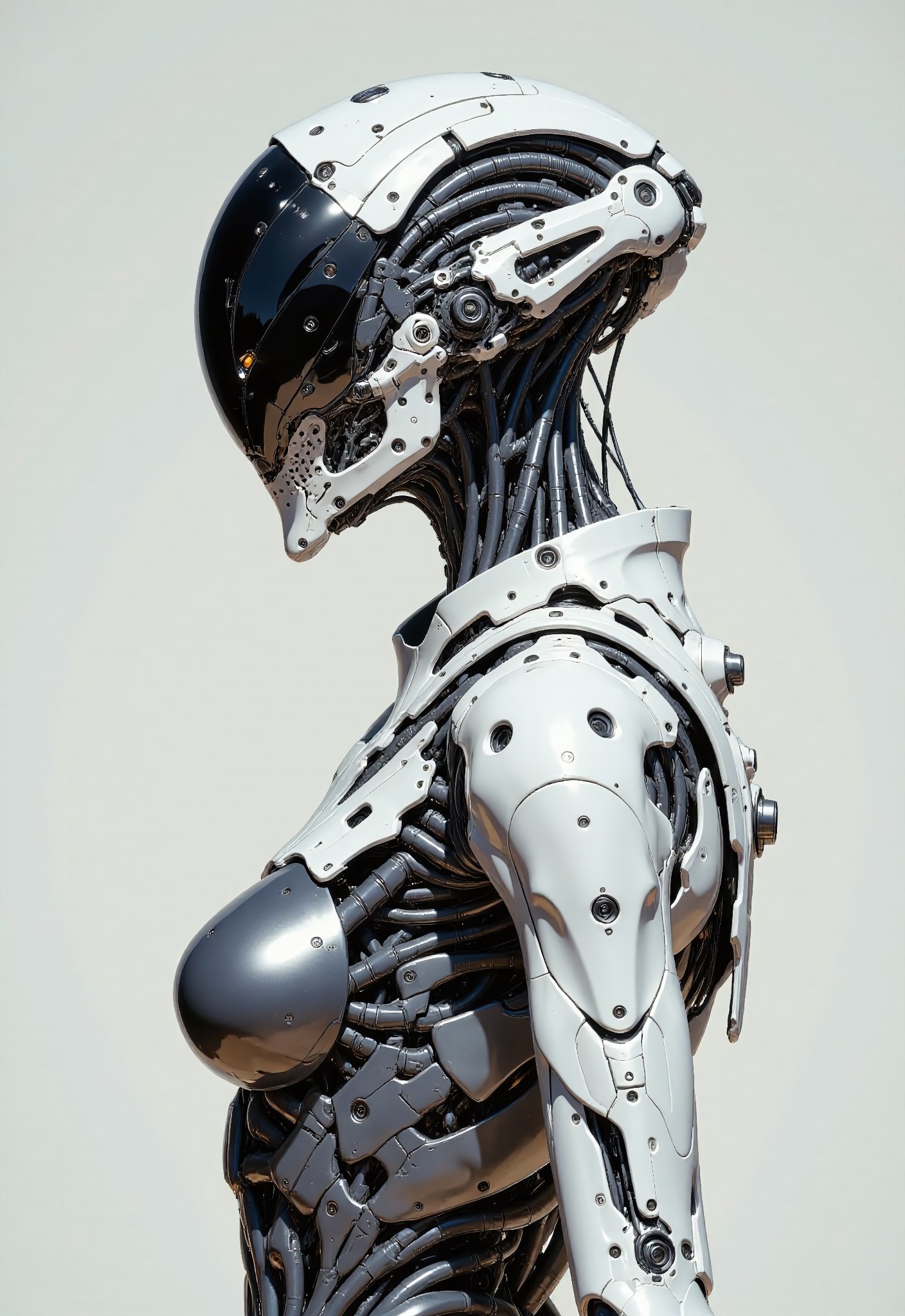 in the style of artics, highest details, ultra hyper realism. highly detailed and realistic. intricate and highly professional artwork, an absolute masterpiece.

hyper realistic and highly detailed close up photo of a female cyborg in a silver suit, zbrush central contest winner, perfect android woman, sleek robot, busty,  Jingna Zhang, body made of chrome and glass, style of Karol Bak, dynamic side view medium shot, cyber , very futuristic clothing and see through helmet, realistic reflections, scifi art, pastel grey background.
