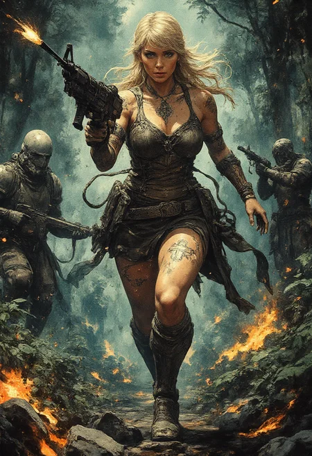 An epic cinematic film still of a beautiful karolineleavitt, charging into battle. She is half naked, and is armed with a heavy bolter. karolineleavitt has blonde hair with a long braid and bangs, her huge tatooed tits, with celtic cross tatoo, perfect nipples. The shot is taken at hip level and gives the impression of running. The scene is set in lush jungle of the death world, Catachan, she is shooting her bolter gun at an enemy outside of the frame chasing after her, empty bullet casting flying in the air, tracer bullets are whizzing by her, but she stands firm and resolute as the flame from gunfire is casting lights and shadows adding a dramatic sense to the scene, epic battle, night time, explosions, life or death battle, grimdark, cinematic color grading, highest quality. highly detailed, watercolor anime style. style of Benedick Bana and Shahab Alizadeh .Dystopian, shades of gray with highlight colors. Angled, legs apart, pointing gun at camera. Extreme perspective. Action pose with gun. Cinematic action style. <lora:RetroAnimeFluxV1:0.7> <lora:Mezzotint_Artstyle_for_Flux_-_by_Ethanar:0.6> <lora:Karoline_Leavitt_FLUX:1> <lora:CPA:0.7> anime