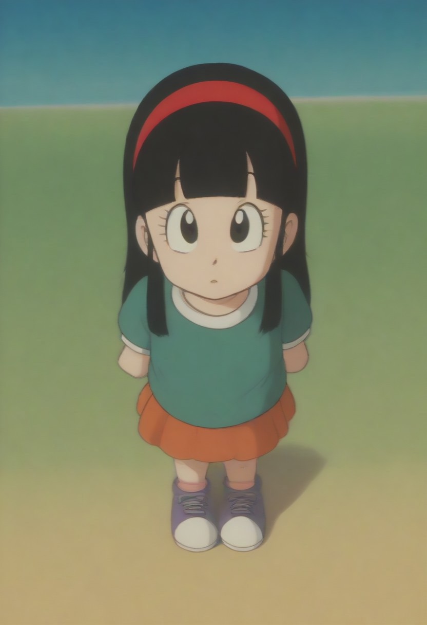 score_9, score_8_up, score_7_up, source_anime, 1girl, chi-chi, black eyes, black hair, long hair, hime cut, blunt bangs, sidelocks, flat chested, cute, young, petite, small body, orange-ruffled or pleated skirt, green puffy-sleeved shirt, white collar, cuff bands, white and lavender sneakers, orange shoelaces, red ribbon headband, standing, outdoors, mountain shore, lake, full body, front view, from angle, drgbls1
