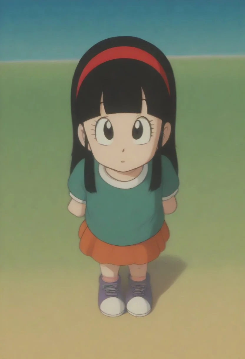 score_9, score_8_up, score_7_up, source_anime, 1girl, chi-chi, black eyes, black hair, long hair, hime cut, blunt bangs, sidelocks, flat chested, cute, young, petite, small body, orange-ruffled or pleated skirt, green puffy-sleeved shirt, white collar, cuff bands, white and lavender sneakers, orange shoelaces, red ribbon headband, standing, outdoors, mountain shore, lake, full body, front view, from angle, drgbls1