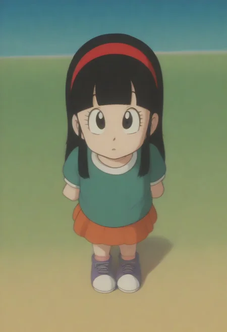 score_9, score_8_up, score_7_up, source_anime, 1girl, chi-chi, black eyes, black hair, long hair, hime cut, blunt bangs, sidelocks, flat chested, cute, young, petite, small body, orange-ruffled or pleated skirt, green puffy-sleeved shirt, white collar, cuff bands, white and lavender sneakers, orange shoelaces, red ribbon headband, standing, outdoors, mountain shore, lake, full body, front view, from angle, drgbls1