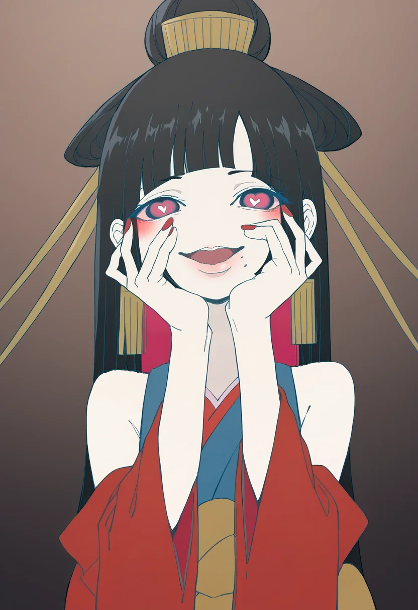 masterpiece, best quality, source_anime, uncensored, score_9, score_8_up, score_7_up, score_6_up, score_5_up, score_4_up, 1girl, solo, hyururirapappa, long hair, black hair, multicolored hair, colored inner hair, bangs, hime cut, single hair bun, blunt bangs, hair ornament, hair stick, purple eyes, mole under mouth, earrings, kimono, japanese clothes, sash, bare shoulders, wide sleeves, detached sleeves, yandere trance, yandere, hands on own cheeks, hands on own face, crazy eyes, crazy smile, crazy, heart-shaped pupils, glowing eyes, symbol-shaped pupils, hand on own face, open mouth, blush, looking at viewer, red nails <lora:tuki._HYURURIRAPAPPA:0.9> <lora:yandere-trance-ponyxl-lora-nochekaiser:1>