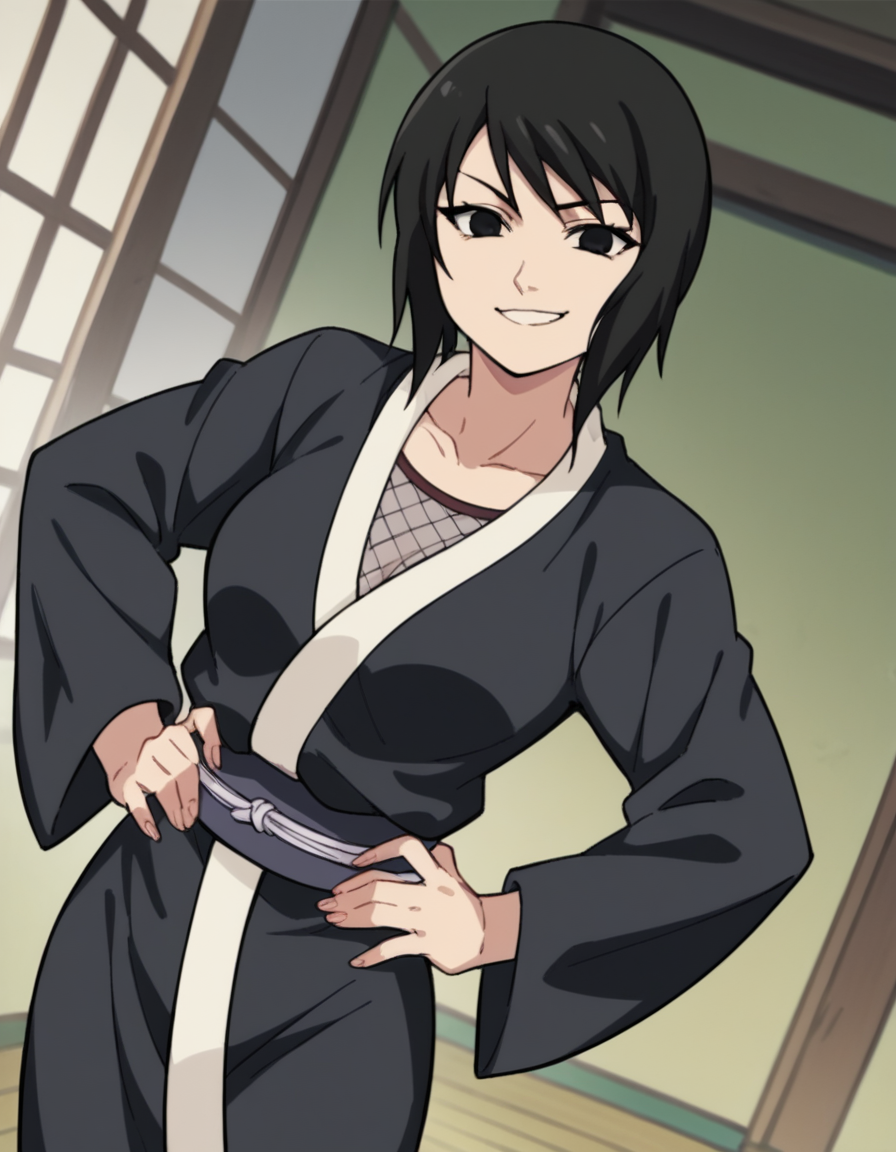 score_9, score_8_up, score_7_up, source_anime, <lora:shizune-s2-ponyxl-lora-nochekaiser:1>, shizune, short hair, black hair, black eyes, medium breasts,, long sleeves, collarbone, japanese clothes, fishnets,, indoors, smug, smile, looking at viewer, solo, hands on hips,, cowboy shot, dutch angle