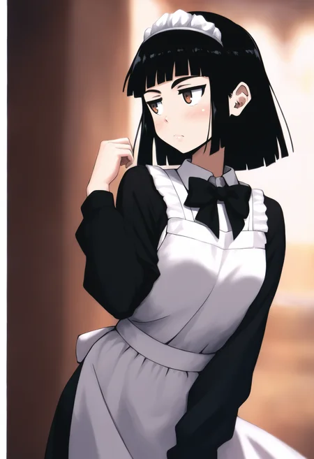 masterpiece, best quality, 1girl, solo,  Abbey, black hair, bob cut, blunt bangs, brown eyes, maid headdress,  white apron, black dress, black bowtie , black sleeves <lora:Abbey IXL 4-000013:1>