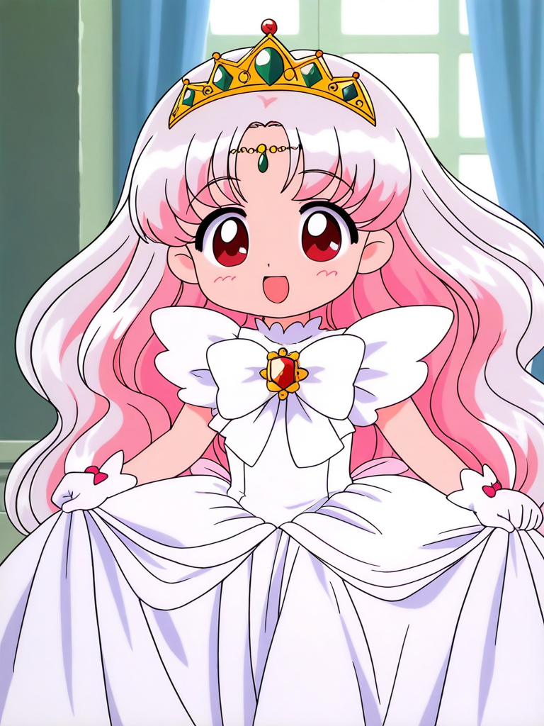 general,highres, ultra-detailed,very aesthetic,best quality ,best hands, BREAK <lora:Princess_Silver_Crayon_Oukoku_Ver2.0_IS:0.9>
Silver_Oujo(Crayon_Oukoku), 1girl, solo, long hair, white hair, pink hair, red eyes,
white dress, smile, gloves, long hair, open mouth, white gloves, 
gold crown, bow, :d, white bow, skirt hold, looking at viewer, tiara,