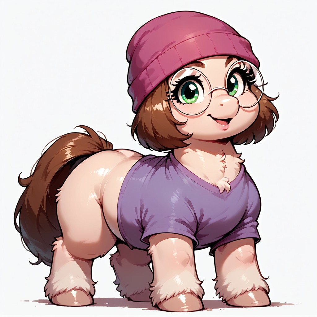 rating_questionable, score_9, score_8_up, score_7_up, ( pony:1.3), feral, Meg, looking at viewer, brown hair, round glasses, chubby, nerdy, clothed, cute pose, dynamic pose, full body, thighs, eyelashes, green eyes, tshirt,  beanie, detailed, realistic, BREAK, zPDXL3, MegaFluffyPony, fluffy, shiny