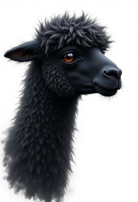 Brushstrokes, painting of a alpaca's head. The artwork showcases the animal's face in profile, capturing its expressive and somewhat melancholic demeanor. The alpaca's fur is very detailed, fluffy and strands of hair meticulously depicted, giving a sense of depth and volume. The fur is predominantly black, creating a stark contrast against the white background. The alpaca's eyes are big, dark and soulful, gazing slightly off to the right. The overall tone of the image is somber, introspective and a bit sad. The artist's skillful use of shading and light gives the image a three-dimensional quality, making the alpaca's fur appear slightly rough, fluffy and the skin slightly wrinkled