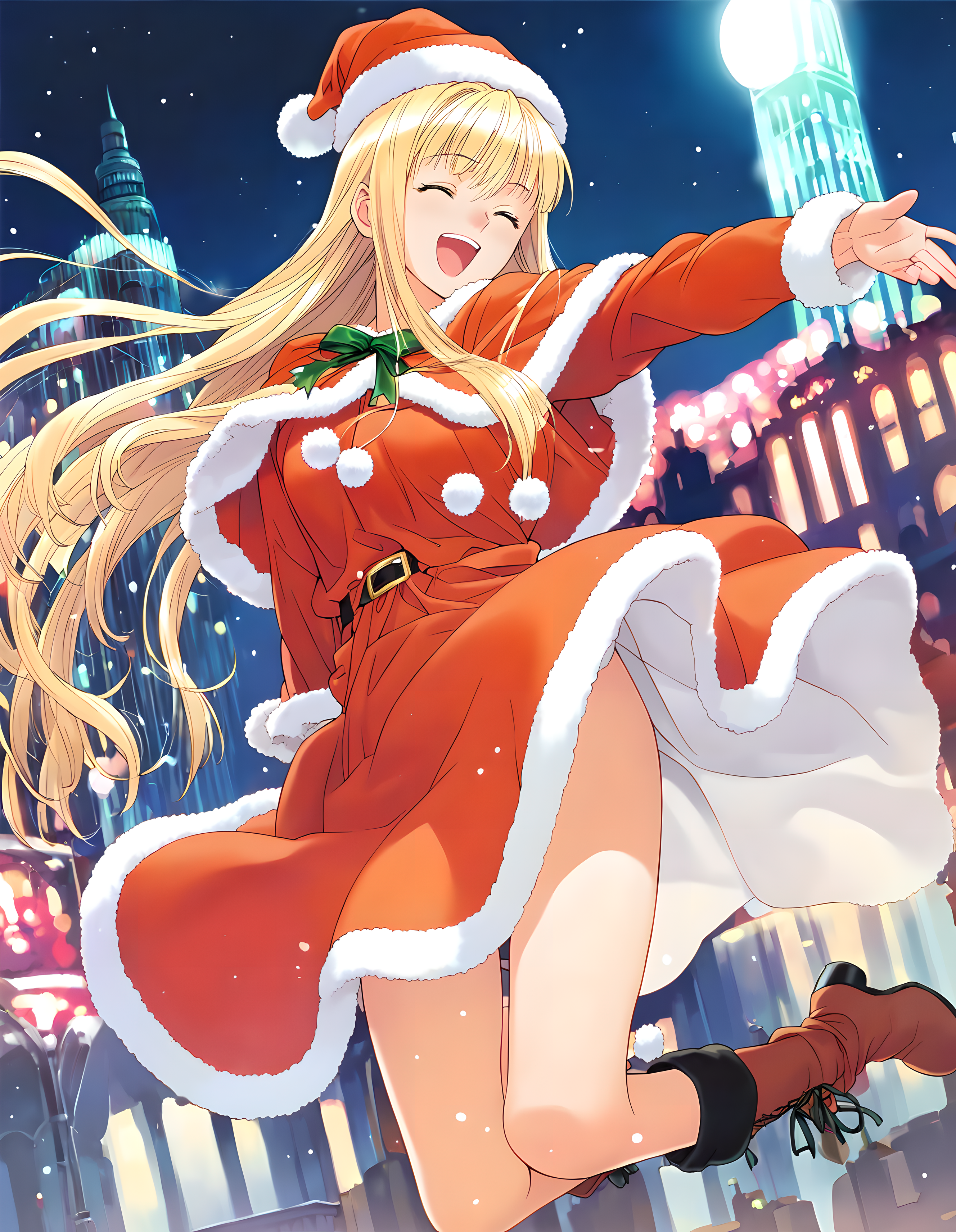 <lora:pony_xl_hortensia:0.9>,hortensia,score_9,score_8_up,score_7_up,source_anime,best quality,masterpiece,super fine illustration,1girl,solo,adorable_girl,santa_costume,santa_hat,santa_boots,laughing,in winter,cityscape,neon lights,