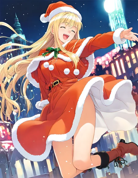 <lora:pony_xl_hortensia:0.9>,hortensia,score_9,score_8_up,score_7_up,source_anime,best quality,masterpiece,super fine illustration,1girl,solo,adorable_girl,santa_costume,santa_hat,santa_boots,laughing,in winter,cityscape,neon lights,