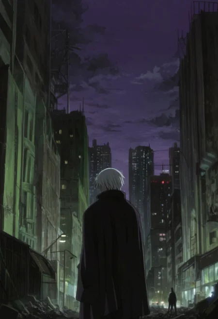 D4RK3RTH4NBL4CK, source_anime, source_hentai, source_anime, cityscape, score_9, score_8_up, score_7_up, score_6_up, urban, night, purple sky, cloudy, noir, concrete, wall, technology, sci-fi, darker_than_black, anime
