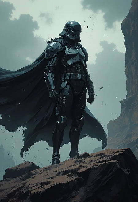 A lone dark sci-fi stormtrooper from star wars heavily armored, cracked and battle-worn armor, flowing black cape, standing in a desolate rocky landscape, stormy sky, cinematic lighting, fog and ash particles, monochrome color scheme, ultra-detailed, post-apocalyptic atmosphere
