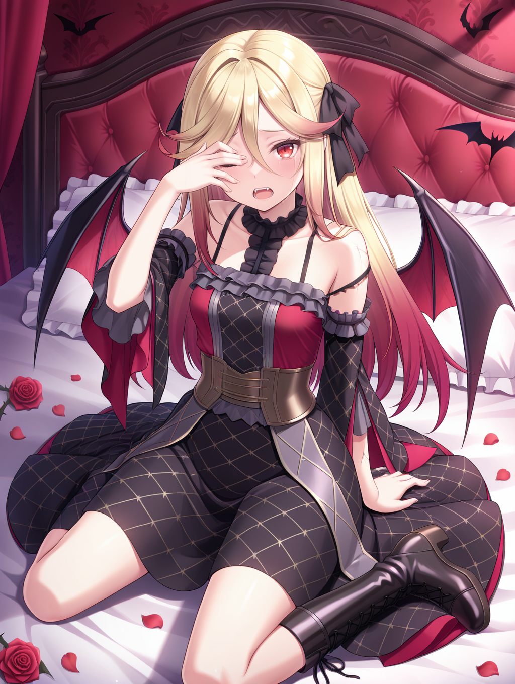 vampire, vampire fraulein, 1girl, solo, pillow, sitting, looking at viewer, bat \(animal\), on bed, bat wings, open mouth, red rose, bed, thorns, one eye closed, covering one eye, single tear, indoors, rose petals, fangs, black frilled sleeves, black frilled dress, black frilled choker, black cross-laced footwear, black hair bow,
masterpiece,best quality,amazing quality,very aesthetic,absurdres,newest,<lora:Vampire Fascinator, Fraulein & Sucker illusXL v1:0.75>,