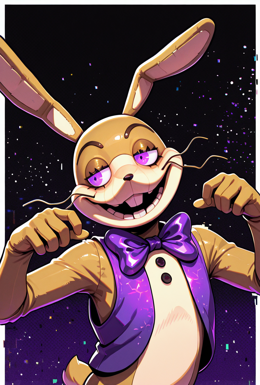 <lora:glitchtrap-04:1> glitchtrap, smile, purple bowtie, purple vest, , furry, 1boy, rabbit ears, dynamic pose, glitch effects, glitch particles, masterpiece, best quality, amazing quality, very aesthetic, absurdres, newest,, upper body, halftone effect, white borders, abstract background:1.2,
