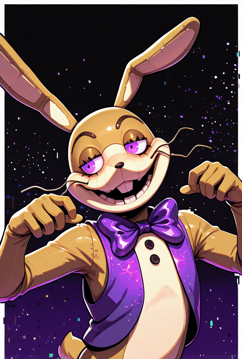 <lora:glitchtrap-04:1> glitchtrap, smile, purple bowtie, purple vest, , furry, 1boy, rabbit ears, dynamic pose, glitch effects, glitch particles, masterpiece, best quality, amazing quality, very aesthetic, absurdres, newest,, upper body, halftone effect, white borders, abstract background:1.2,