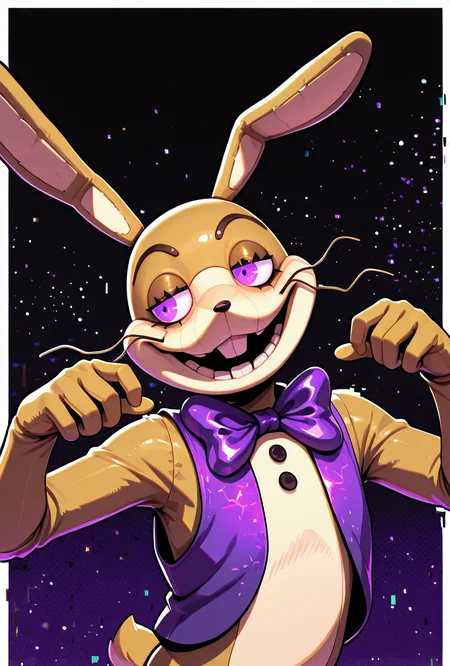 <lora:glitchtrap-04:1> glitchtrap, smile, purple bowtie, purple vest, , furry, 1boy, rabbit ears, dynamic pose, glitch effects, glitch particles, masterpiece, best quality, amazing quality, very aesthetic, absurdres, newest,, upper body, halftone effect, white borders, abstract background:1.2,