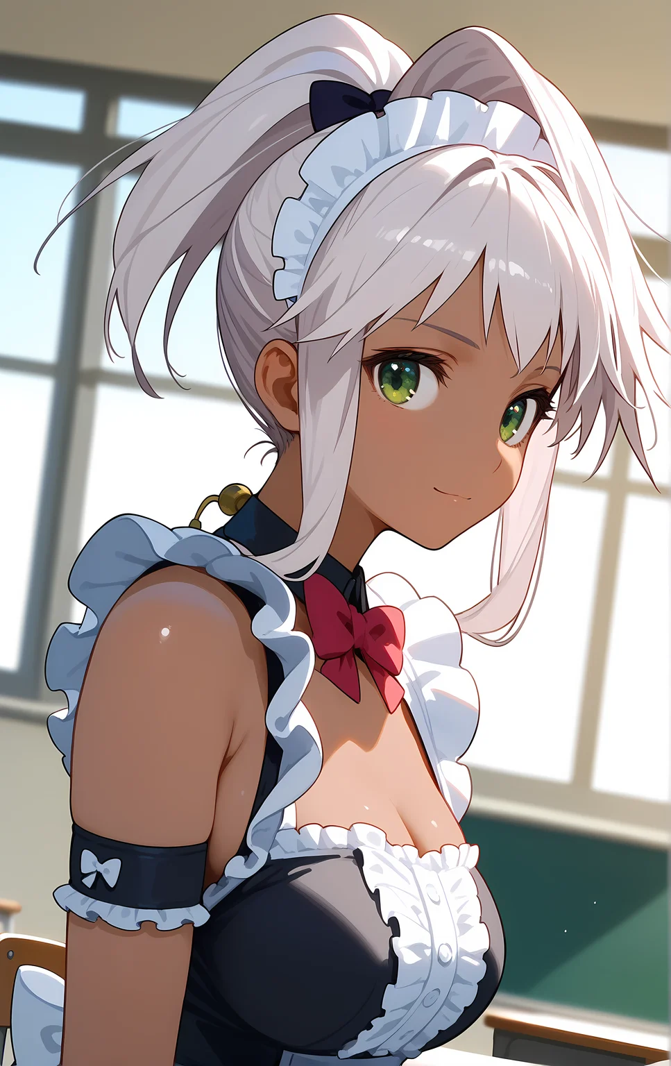 (score_9, score_8_up, score_7_up), standing, leaning forward, looking at viewer, light smile, closed mouth, shiny skin, tight clothes,
ohwx, 1girl, solo, green_eyes, breasts, large_breasts, dark_skin, dark-skinned_female, ponytail, white_hair, long_hair, high_ponytail, bow,
thighhighs, maid, bare_shoulders, zettai_ryouiki, apron, frills, detached_sleeves,
window, sunlight, classroom,
blurry, cowboy shot, dutch angle, upper body, close-up,
<lora:chacha_akaza_pony_ss-000004:1>