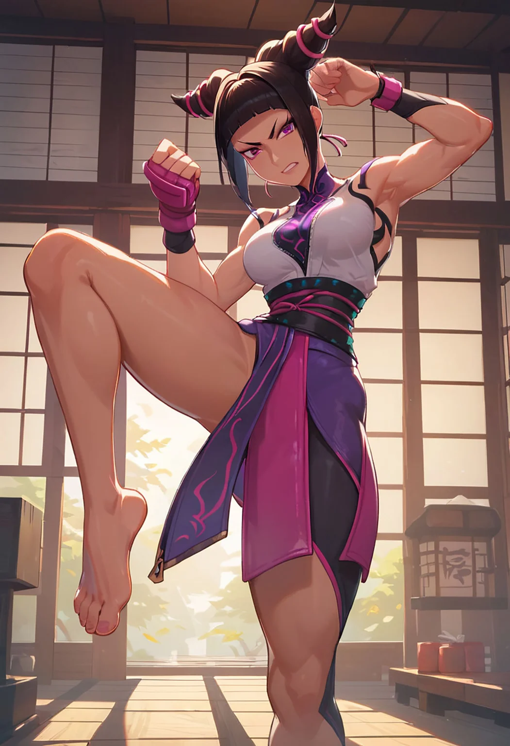 score_9, score_8_up, score_7_up, score_6_up, Masterpiece, beautiful, perfect eyes, perfect face, sexy, Juri Han (Street Fighter 6, medium breasts, toned, dobok, looking at viewer, determined), standing, one leg up, leg extended, bare feet, toes, foot focus,dojo, beautiful cinematic lighting, volumetric lighting, dramatic lighting <lora:add-detail-xl:1.1> <lora:Smooth Anime Style LoRA XL:0.75> <lora:Concept Art Eclipse Style LoRA_Pony XL v6:0.25> <lora:princess_xl_v2:1>