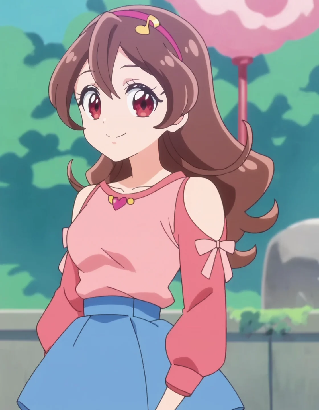 score_9, score_8_up, score_7_up, anime screencap, solo,1girl,sakurauta, smile, blue skirt, hairband, looking at viewer,long sleeves, heart, shoulder cutout, pink shirt,cowboy shot,medium breasts<lora:sakurauta_pony_v2:0.8>