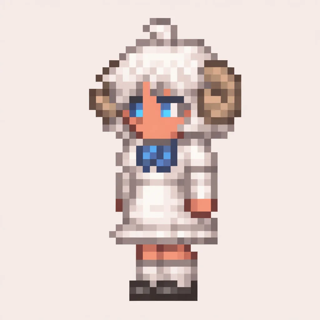 masterpiece, best quality, solo, 1girl, <lora:Terraria-Sprites-illus_Fp:1>, simple background, full body, pixel art, white background, blue eyes, white hair, short hair, ahoge, messy hair, sheep horns, sheep girl, bowtie, dress, chibi,