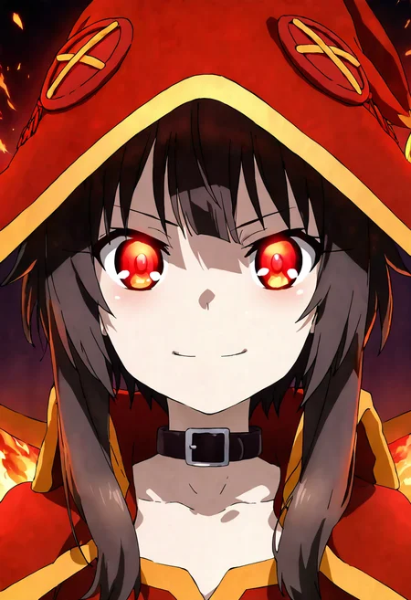 (masterpiece ,best quality, ultra detailed, highres, absurdres:1.2), 1girl, solo, eyelashes, (beautiful eyes), 1girl, solo, long hair, looking at viewer, black hair, jewelry, hood, necklace, orange eyes, eyelashes, makeup, pale skin, portrait, glowing eyes, red background, nose, red theme, red hood, megumin, solo, looking at viewer, smile, red eyes, black hair, short hair with long locks, fire magic, ,<lora:PrismaIllya_NAI:1.0>,