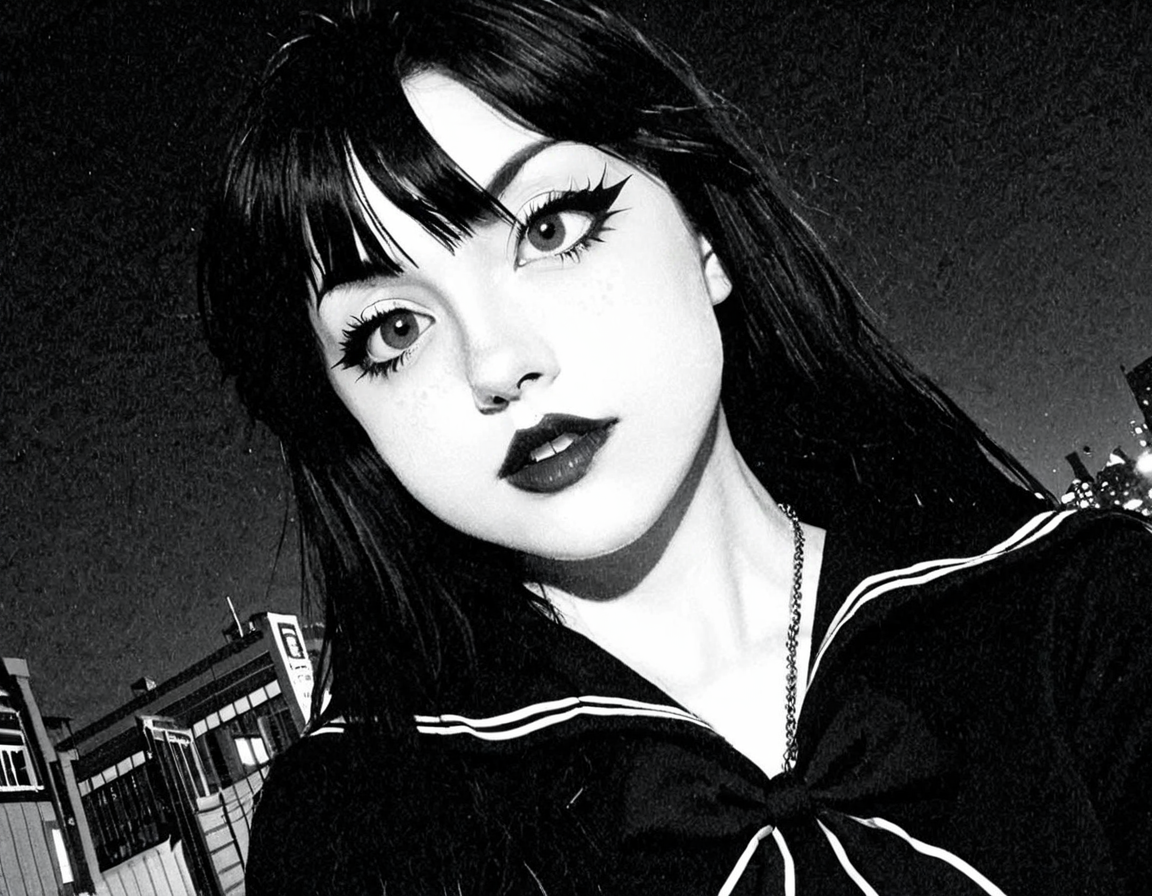 monochromatic, 1 bit color, scanlines, dithering, Junji Ito, hentai dating simulator, a beautiful hannahowoxl <lora:HannahXL:0.8>, goth, detailed facial features, schoolgirl outfit, black, night, shot by Tim Burton, well crafted wide shot, low angle tracking shot, heroic, crash zoom super cut