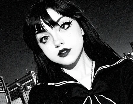 monochromatic, 1 bit color, scanlines, dithering, Junji Ito, hentai dating simulator, a beautiful hannahowoxl <lora:HannahXL:0.8>, goth, detailed facial features, schoolgirl outfit, black, night, shot by Tim Burton, well crafted wide shot, low angle tracking shot, heroic, crash zoom super cut