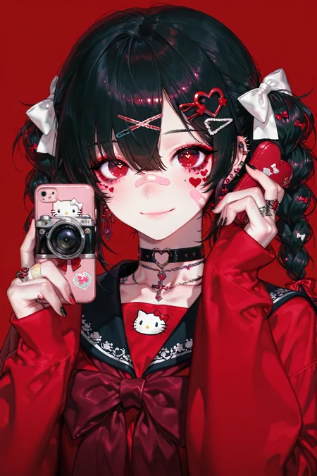 masterpiece,best quality,1girl, solo, hello_kitty_print, holding_stuffed_toy, long_hair, looking_at_viewer, smile, bangs, simple_background, black_hair, eyebrows_visible_through_hair, hair_ornament, red_eyes, shirt, long_sleeves, original, bow, twintails, holding, school_uniform, hair_between_eyes, jewelry, closed_mouth, collarbone, braid, hair_bow, upper_body, heart, earrings, serafuku, choker, hairclip, sailor_collar, necklace, nail_polish, twin_braids, collar, red_bow, fingernails, neckerchief, sleeves_past_wrists, blood, hands_up, tattoo, black_bow, facial_mark, phone, cross, black_choker, ring, piercing, x_hair_ornament, white_bow, red_shirt, white_ribbon, bandaid, red_background, black_nails, ear_piercing, red_nails, dog, black_sailor_collar, holding_phone, camera, heart_hair_ornament, red_theme, bandaid_on_face, multiple_hair_bows, heart_choker, holding_camera, heart_tattoo),<lora:p1ge0n666:0.7>,p1ge0n666_illu,
