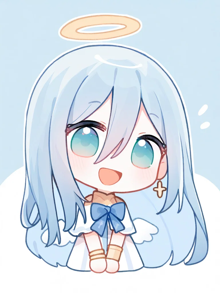 chibi,smile,happy,1girl,angel,bangs,blue bow,dingdong,hair between eyes,jewelry,looking at viewer,open mouth,smile,solo,blue hair,,,long hair,<lora:RR:1>,<lora:dingdong:1.2>, masterpiece, best quality, very aesthetic, absurdres