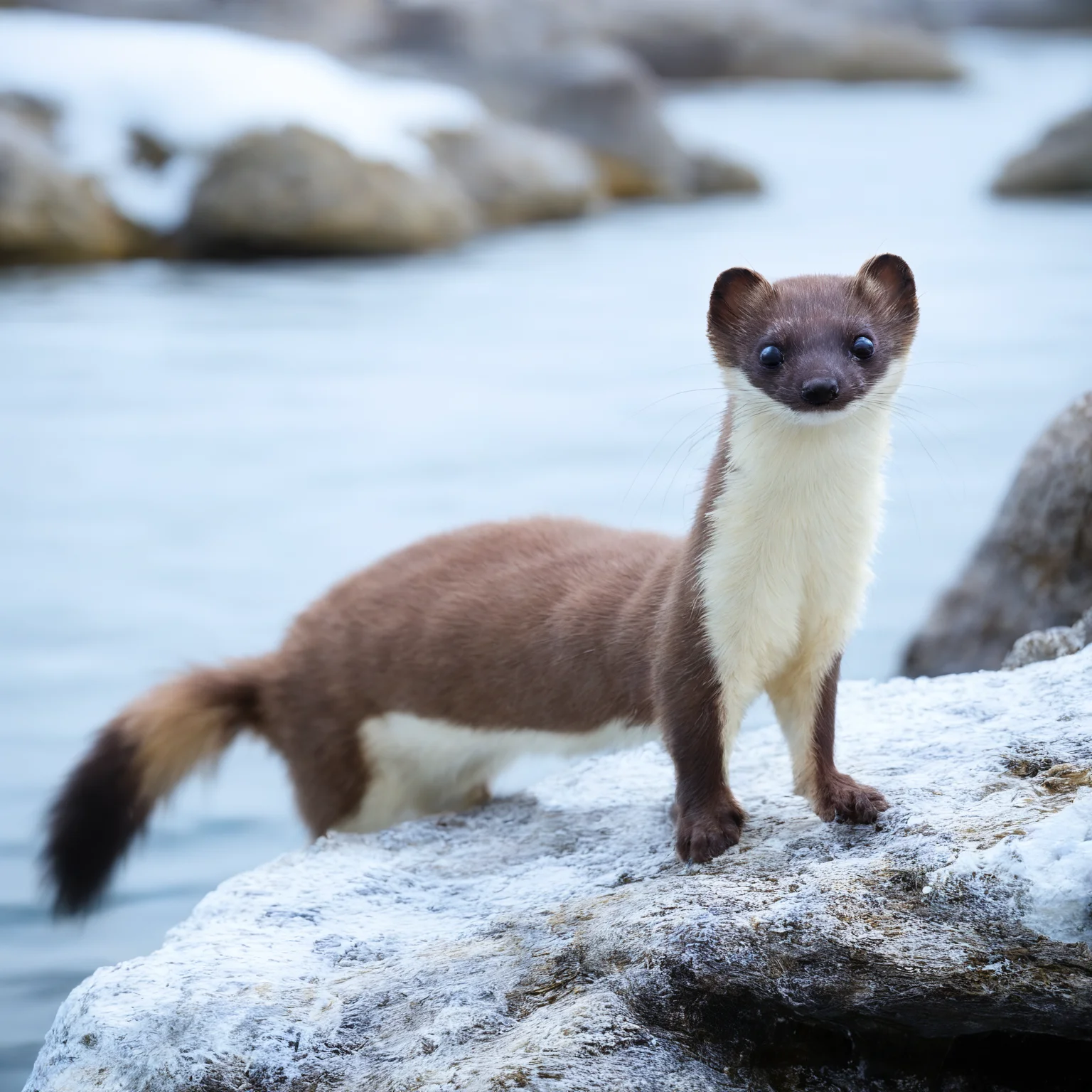 score_9, score_8_up, score_7_up, <lora:usik-shmusik-durmish2:1.0>, usikshmusik, no humans, animal, realistic, animal focus, brown fur, lake, shore, detailed, looking at viewer, blurry background, winter