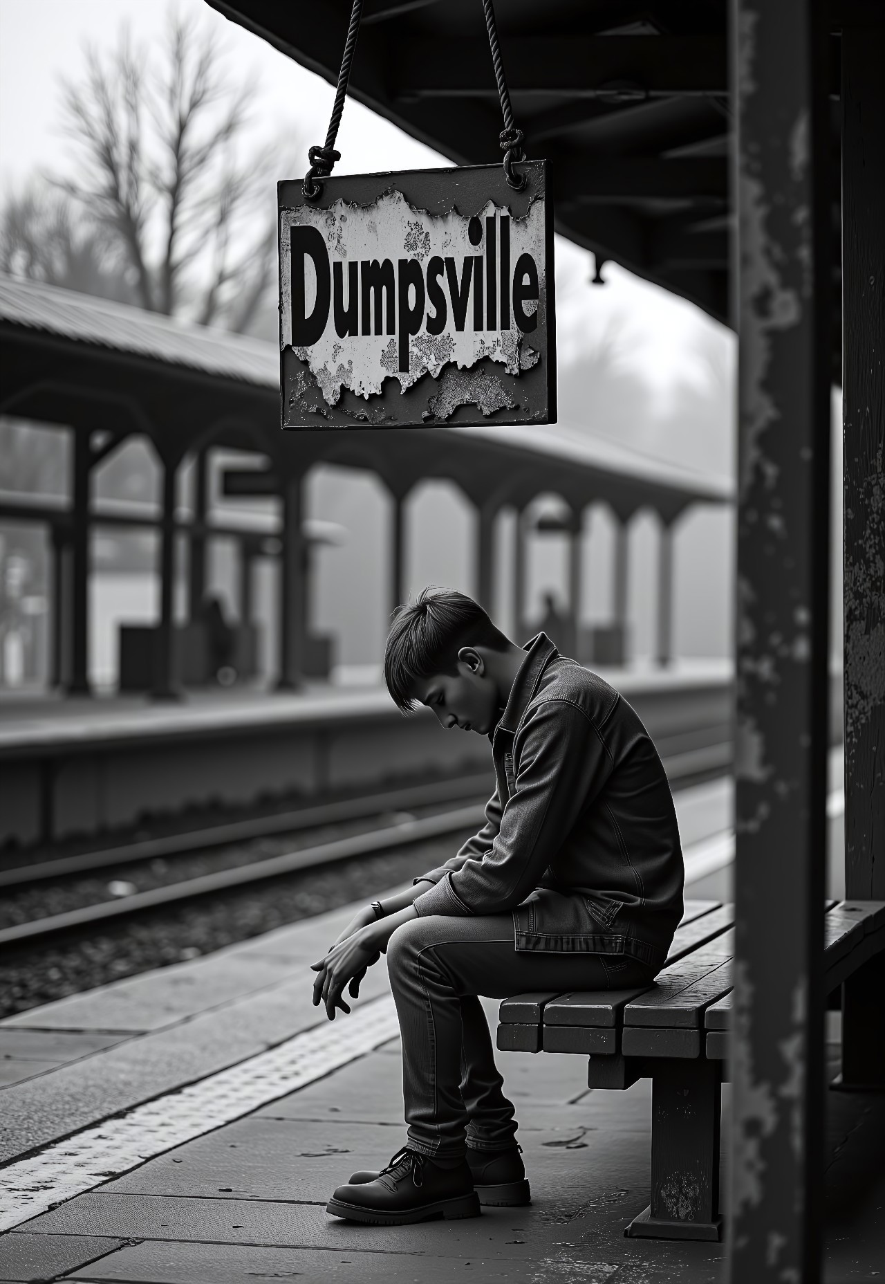 A young man sits on a weathered bench at a nearly deserted train station, his face buried in his hands, shoulders slumped in defeat.Above him, an old, faded sign dangles loosely, swinging slightly in the breeze. The word "Dumpsville" is painted in bold letters, its paint chipped and peeling, mirroring the state of his heart. The station is eerily quiet. No one else is around, and the platform feels like the last stop on an endless journey. moody. contrast, film grain, analog texture, 
