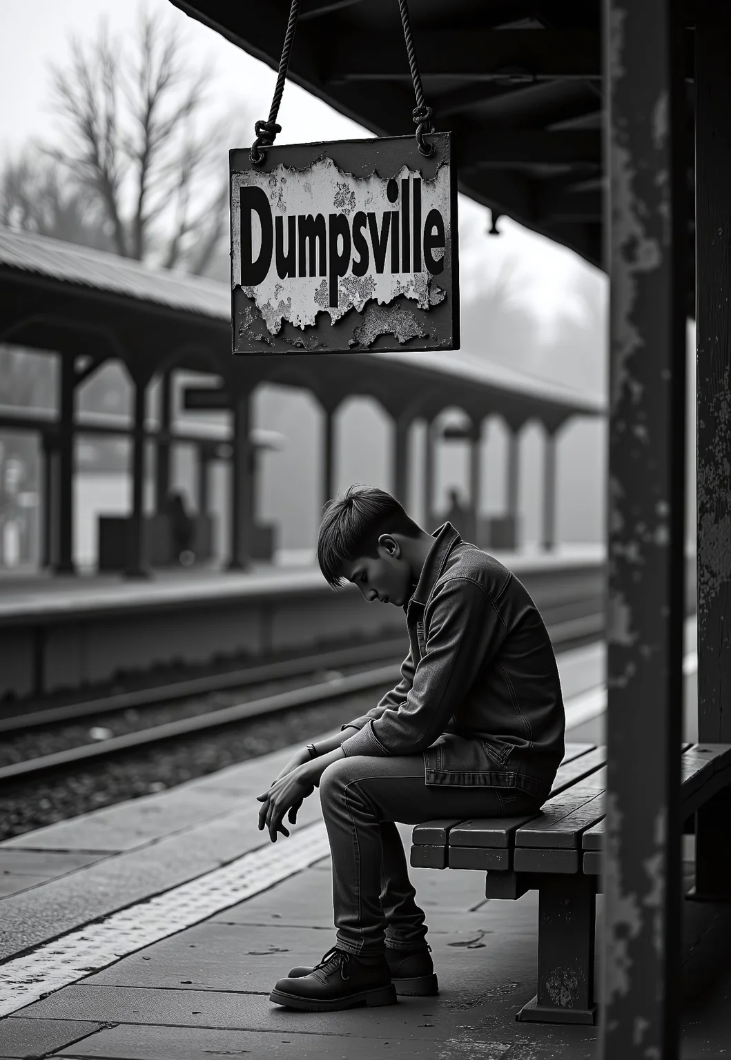 A young man sits on a weathered bench at a nearly deserted train station, his face buried in his hands, shoulders slumped in defeat.Above him, an old, faded sign dangles loosely, swinging slightly in the breeze. The word "Dumpsville" is painted in bold letters, its paint chipped and peeling, mirroring the state of his heart. The station is eerily quiet. No one else is around, and the platform feels like the last stop on an endless journey. moody. contrast, film grain, analog texture,