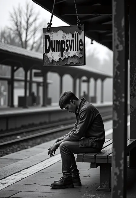A young man sits on a weathered bench at a nearly deserted train station, his face buried in his hands, shoulders slumped in defeat.Above him, an old, faded sign dangles loosely, swinging slightly in the breeze. The word "Dumpsville" is painted in bold letters, its paint chipped and peeling, mirroring the state of his heart. The station is eerily quiet. No one else is around, and the platform feels like the last stop on an endless journey. moody. contrast, film grain, analog texture, 