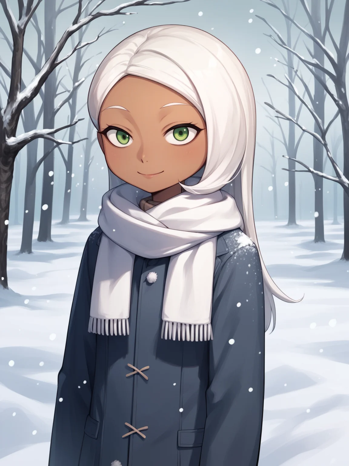 score_9, score_8_up, score_7_up, score_6_up, score_5_up, score_4_up, BREAK, source_anime,
1girl, mirage, mirage standing outdoors in the snow during the winter,
white hair, long hair, green eyes, dark skin,
winter clothes, white scarf, coat,
seductive smile, looking at viewer, outdoors, snow, snowing, solo, tree, winter <lora:MirageXLv2:1>