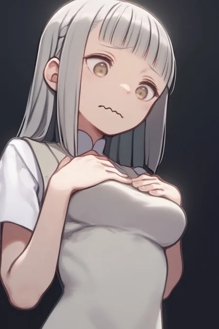 score_7_up, high resolution, 1girl, looking down, hands_on_own_chest, wavy mouth, grey hair, blunt bangs, heavy fringe, beige eyes, medium breasts, white vest <lora:kuroboshi_kouhaku_PonyXL_style_v01.09:1>