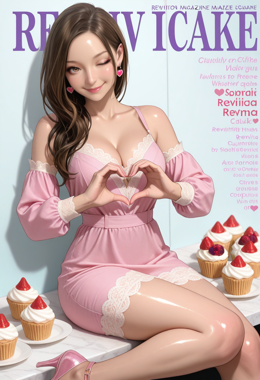 masterpiece, very aesthetic, best quality, absurdres, newest, solo,
 <lora:ILREVMia:1>
REVMia, 1girl, brown hair, long hair, brown eyes, looking at viewer, jewelry, closed mouth, sitting, food-themed earrings, heart hands, cleavage, pink dress, cupcake, one eye closed, high heels, bare shoulders, lace trim,  smile, shiny, cake, lace-trimmed dress, off shoulder, lipstick, magazine cover, detached sleeves