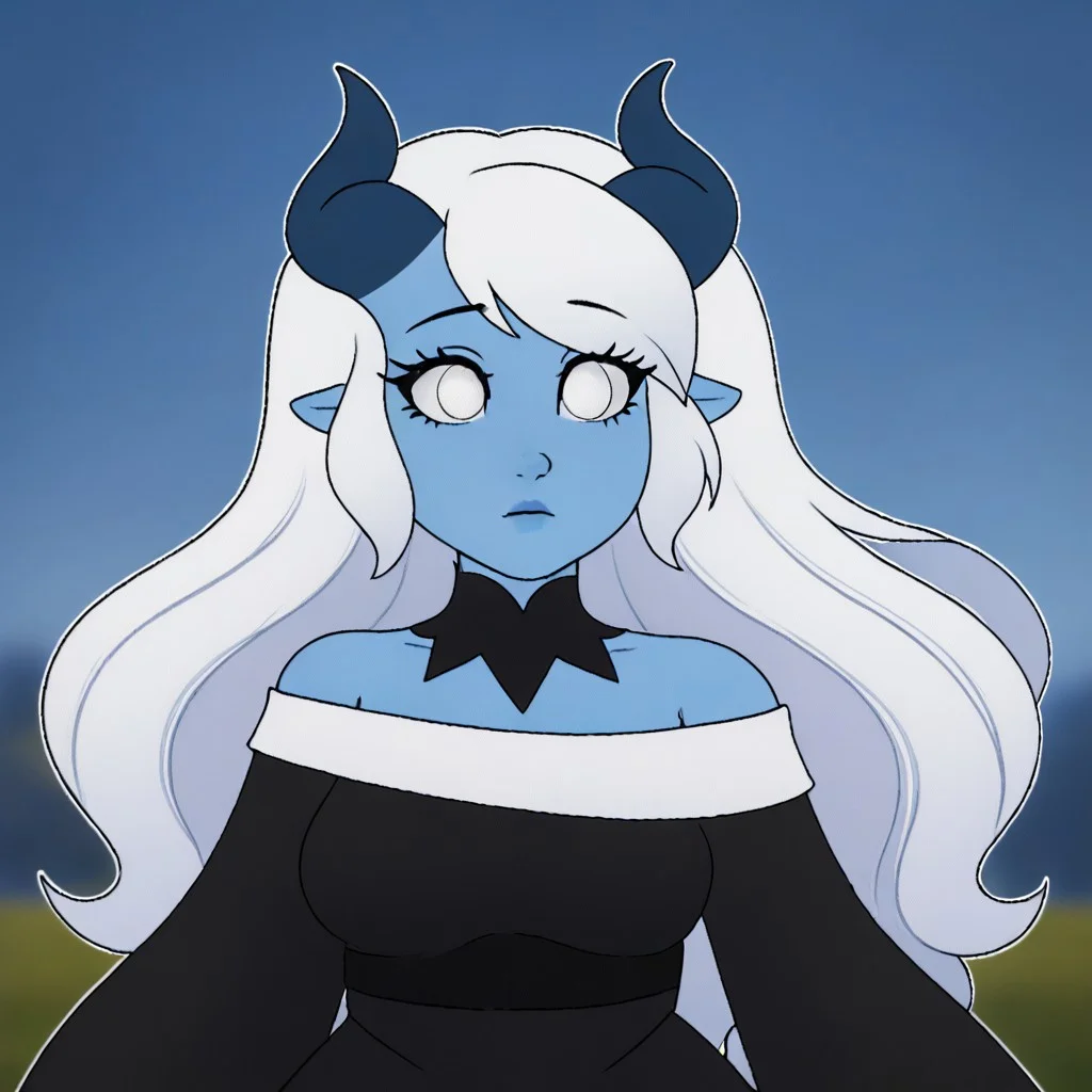 Tiefling, pointed ears, horns, colored sclera, 1girl, blue skin, white hair, white eyes, white shirt, fantasy background, blurred background, very long wavy hair, female, curvy body, female body, bustshot, portrait of a bustshot, black off the shoulder dress, sleeved dress, dress with sleeves, off the shoulder dress with sleeves, off the shoulder black dress with sleeves, Off Shoulder High Split Dress. Art by Phallusbro.