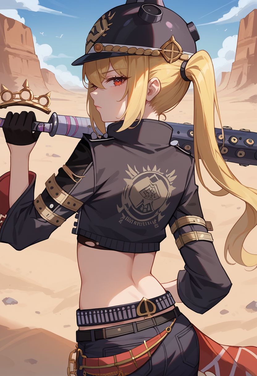 score_9, score_8_up, score_7_up, source_anime, 1girl, lucydef, red eyes, blonde hair, long hair, side ponytail, helmet, black headwear, mask around neck, black jacket, open jacket, cropped jacket, crop top, torn clothes, midriff, navel, long sleeves, black gloves, belt, short shorts, black shorts, denim shorts, fur trim, chain, standing, serious, closed mouth, looking at viewer, outdoors, desert, portrait, close-up, upper body, from behind, back, looking back, leaning forward, baseball bat, bent over, elbow rest, <lora:Lucy_v1-000010:1>