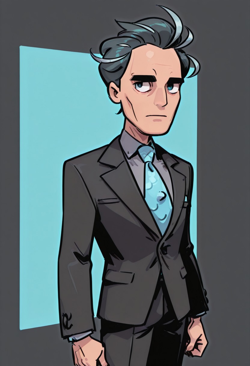 1boy, larry \(pokemon\), no eyewear, black suit, buttons, closed suit, black pants, grey shirt, blue necktie, shtrips