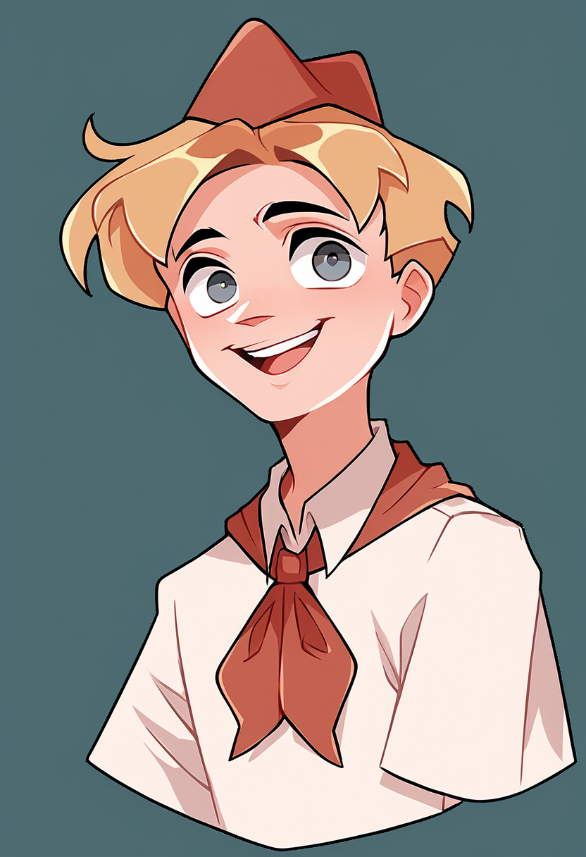score_9, score_8_up, score_7_up, best quality, highres, blonde hair, solo, shirt, white shirt, simple background, short hair, upper body, 1boy, neckerchief, grey eyes, hat, red neckerchief, happy, looking at viewer, <lora:VladikVk_stikersÐÐ»Ð°Ð´Ð¸Ðº:1>
